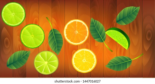 Sliced ​​lemons and leaves placed on a wooden table, vector
