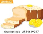 Sliced Lemon Cake Loaf with Zest, Glaze, Drizzled Cream and Lemon Slice on Top. 