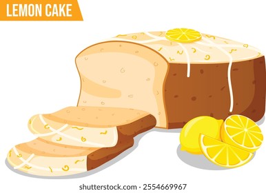 Sliced Lemon Cake Loaf with Zest, Glaze, Drizzled Cream and Lemon Slice on Top. 