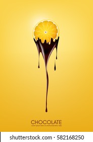 Sliced lemon dipped in melting dark chocolate, fruit, fondue recipe concept, transparent, Vector