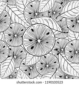 Sliced lemon and leafes. Black and white Seamless Vector Background