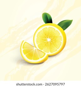 A sliced lemon with leaves, showcasing its freshness and vibrant yellow color.