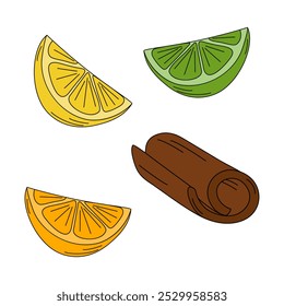 Sliced Lemon, Lime, Orange and rolled Cinnamon stick in trendy bright shades Set of 4 design element