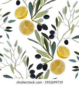Sliced lemon and olive branch on white background. Seamless vector pattern. Design for fabric, wallpaper, wrapping paper, scrapbook paper, invitation cards.