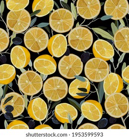 Sliced lemon and olive branch on black background. Seamless vector pattern. Design for fabric, wallpaper, wrapping paper, scrapbook paper, invitation cards.