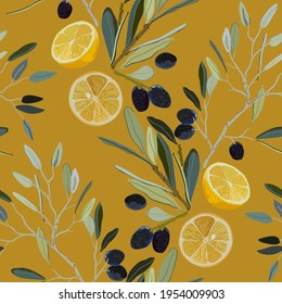 Sliced lemon and olive branch on yellow background. Seamless vector pattern. Design for fabric, wallpaper, wrapping paper, scrapbook paper, invitation cards.