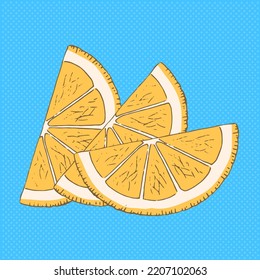Limón rebanado sobre un fondo azul. El delicioso cítrico es un ingrediente de los platos. Ilustración vectorial dibujada a mano. Estilo de arte pop