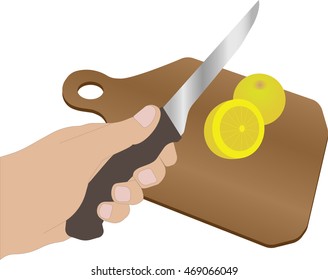 sliced lemon on a wooden cutting board, hand holding knife