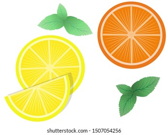 Sliced lemon and orange with mint leaves isolated on a white background.