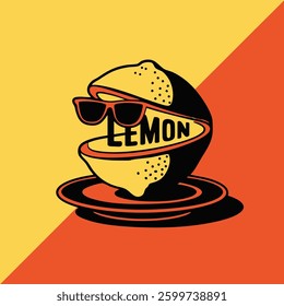 Sliced lemon with sunglasses on a plate with a two-tone backdrop