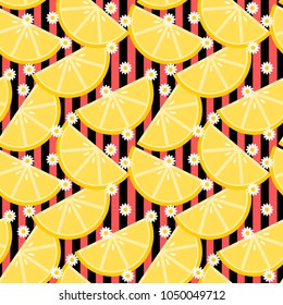 Sliced lemon and tiny white flowers seamless pattern vector. Hello Summer and freshness concept.