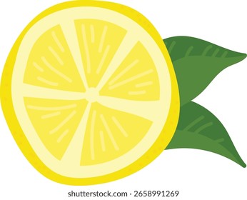 Un limón en rodajas con dos hojas verdes en un estilo plano. Los cítricos se representan con líneas audaces y Formas simples. Ilustración vectorial de dibujos animados.