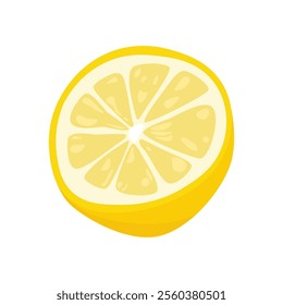 Sliced lemon. Yellow citrus with pulp and peel cartoon style, flat ripe organic sour healthy food, natural summer vegetarian ingredient. Vector isolated illustration.