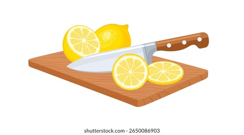 Sliced lemons with knife on cutting board. Cooking concept. Vector cartoon illustration of fresh citrus fruit.