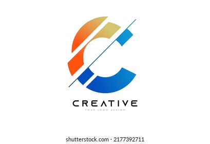 Sliced Letter C Logo Icon Design with Blue and Orange Colors and Cut Slices Vector