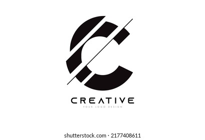 Sliced Letter C Logo Icon Design with Black and White Colors and Cut Slices Vector