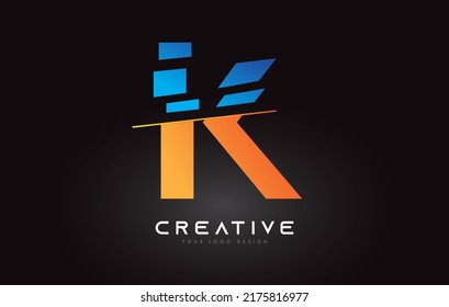 Sliced Letter K Logo Icon Design with Blue and Orange Colors and Cut Slices Vector