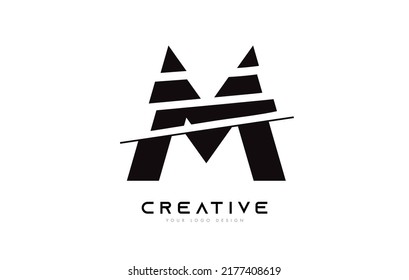 Sliced Letter M Logo Icon Design with Black and White  Colors and Cut Slices Vector