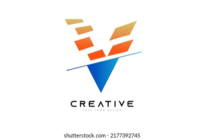 Sliced Letter V Logo Icon Design with Blue and Orange Colors and Cut Slices Vector