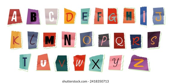 Sliced letters various funny style font for flyer or anonymous notes. Paper style ransom note letter. Cut Letters. Clipping alphabet. Alphabet. Lettering. Collage of letters of the English alphabet