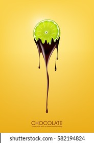 Sliced lime dipped in melting dark chocolate, fruit, fondue recipe concept, transparent, Vector