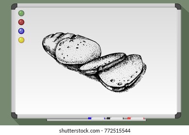 Sliced loaf of bread. Bakery products. Hand drawn vector stock illustration.
