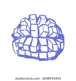  Sliced mango cube illustration in rough hand drawn chalk style for tropical food labels, fruit packaging, juice bar graphics, organic snack branding with fun sketchy outlines.