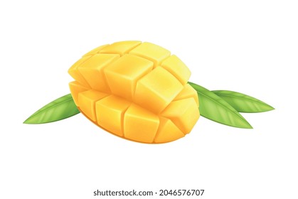 geschnittene Mango-Frucht mit grünen Blättern auf weißem Hintergrund, realistische Vektorgrafik