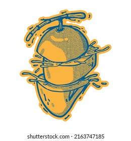 mango rebanado. técnica de dibujo a mano. concepto de logotipo. logotipo, icono, etc.