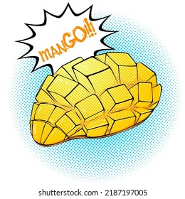 Sliced mango illustration. Tropical fruit close up. Vector bright colored halftone print in Pop Art style with space for text. Retro cartoon comic style. Design for stickers, poster. Eco food