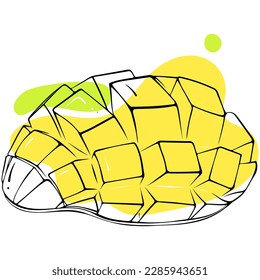 Sliced mango piece outline. Stylish sketch with abstract colored spots. Black lines with stain, blot. Vector hand drawn modern illustration isolated on white. Exotic fruit design for print, logo