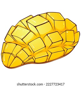 Pieza de mango en rodajas. Ilustraciones de color vectorial en estilo de dibujos animados a mano. Comida orgánica fresca aislada en blanco. Cierra la fruta del mango. Elemento para libro de cocina, pegatina, diseño, impresión.