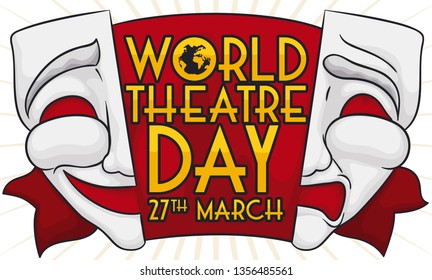 Sliced masks with one side comedy and the other one tragedy gesture, decorated with a red ribbon and greeting message to celebrate World Theatre Day in March 27.