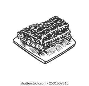 Carne fatiada em uma tábua de corte. Ilustração desenhada à mão de uma grossa fatia de carne, cortada em vários pedaços e colocada em uma tábua de corte. A imagem é em preto e branco e tem um desenho vintage.