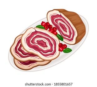 Sliced Meat Roll with Lingonberries Served on Plate Vector Illustration