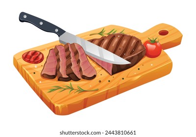 Sliced medium rare grilled beef steak with salt, tomatoes and knife on cutting board. Vector illustration isolated on white background