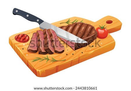Sliced medium rare grilled beef steak with salt, tomatoes and knife on cutting board. Vector illustration isolated on white background