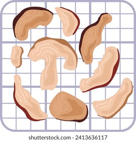 Sliced mushrooms drying on metal grid rack. Dehydrated food preparation process. Kitchen and culinary vector illustration.