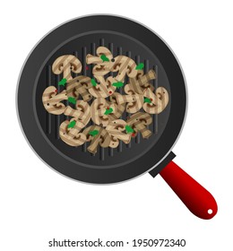 sliced mushrooms and parsley on frying  grill pan top view vector illustration