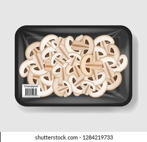 Sliced mushrooms in plastic tray container with cellophane cover. Mockup template for your design. Plastic food container. Vector illustration.