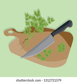 Sliced ​​Coriander on a cutting board.