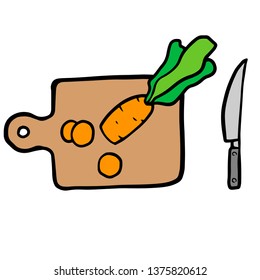 sliced ​​carrots on a cutting board and a knife, doodle on a white background
