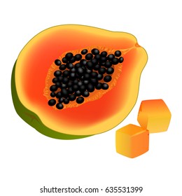 Sliced on half and diced papaya. Ripe tropical fruit realistic vector isolated on white background. Fresh ingredient of vegetarian salad illustration for healthy food and natural nutrition concepts