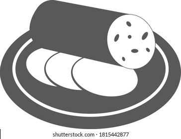 Sliced ​​sausage on a plate on a white background. Vector black and white illustration. Great for labels, menus, posters, banners, vouchers, coupons, business promotion and more.