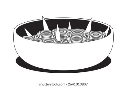 Sliced onions in bowl 2D line object. Chopped leeks. Scallions slices. Vegetable rings. Salad topping. Fresh garnish isolated clipart vector ink outline item. Monochrome spot illustration