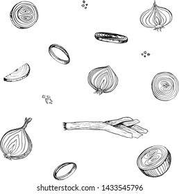 Sliced onions isolated on white background. Hand drawn sketches set.