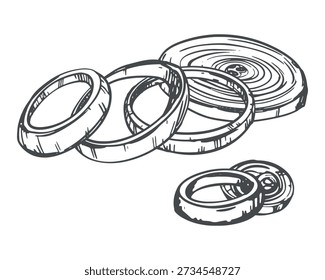 Sliced onions lie on a table. Vector illustration of shallot rings. Line sketch of the spice. Imitation of engraving technique.