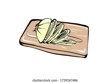 Sliced onions on a wooden Board on an isolated white background. Vector illustration.