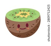 Sliced open green kiwi fruit character showing seeds
