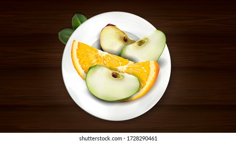 Sliced orange and apple on a white plate.
